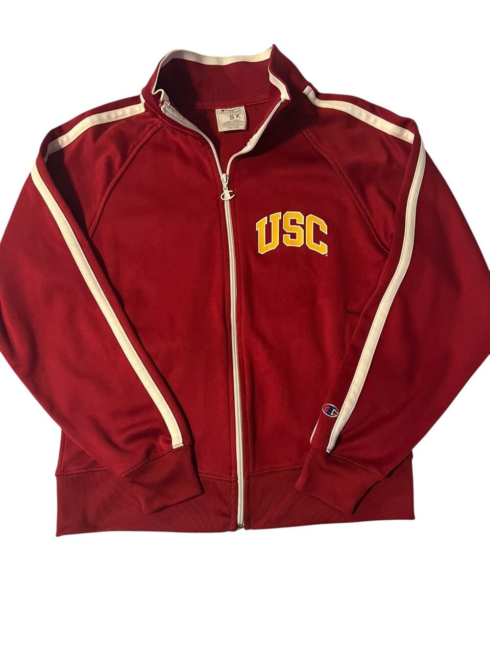 Champion USC Full Zip Jacket, RN#49314, Crimson, Stripes on Sleeves, Size Small